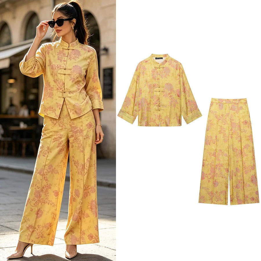 Women Yellow Floral Printing 2-Piece Set Women Stand Collar Long Sleeve Shirt + High Waist Wide Leg Pants Loose Lady Suit