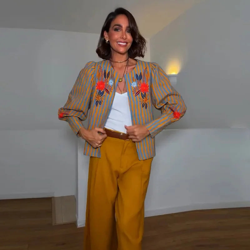 Ines Striped Floral Embroidered Jacket