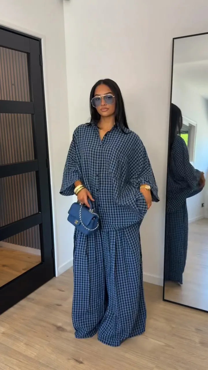 Casual Women's Set Three Quarter Sleeve Plus Size Single Breasted Tops Wide Leg Pants 2026 Summer Plaid Women 2-piece Sets