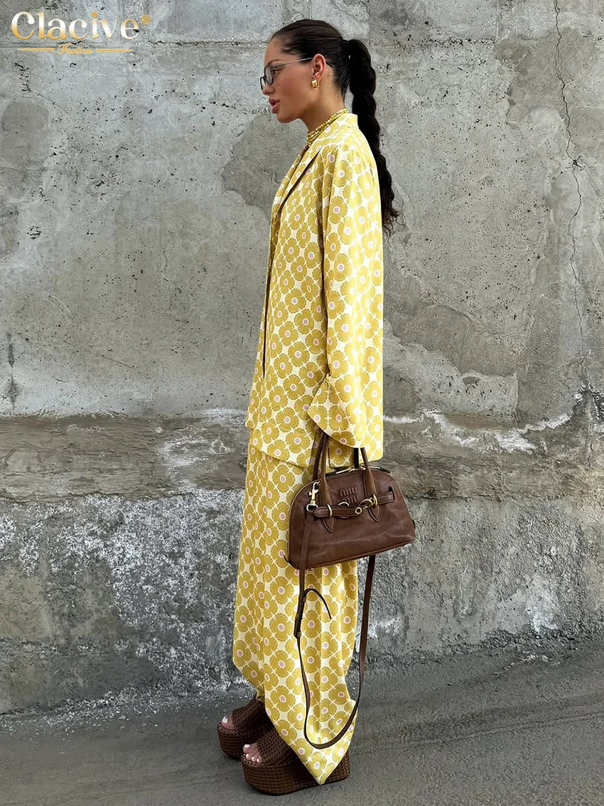 Clacive Fashion Loose Print Women's Two Pieces Set Elegant Long Sleeve Blouse With High Waist Wide Pants Set Female Streetwear