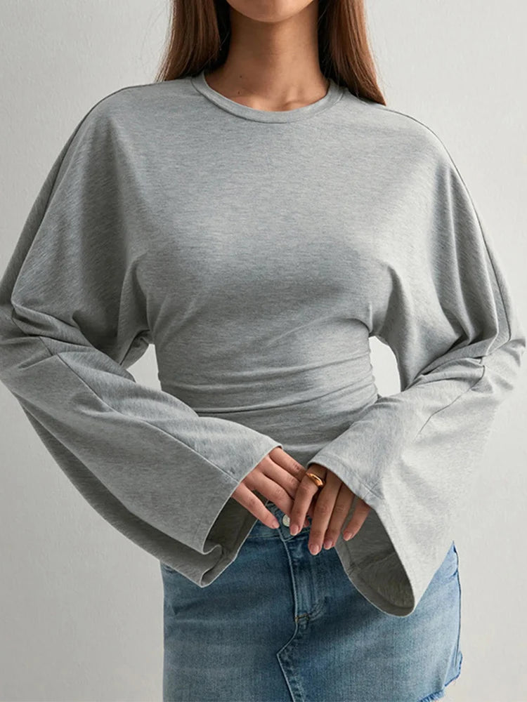 Street Sytle Flare Long Sleeve Cropped T-shirt for Women Spring Autumn Casual Round Neck Crop Top Streetwear Y2K Clothes