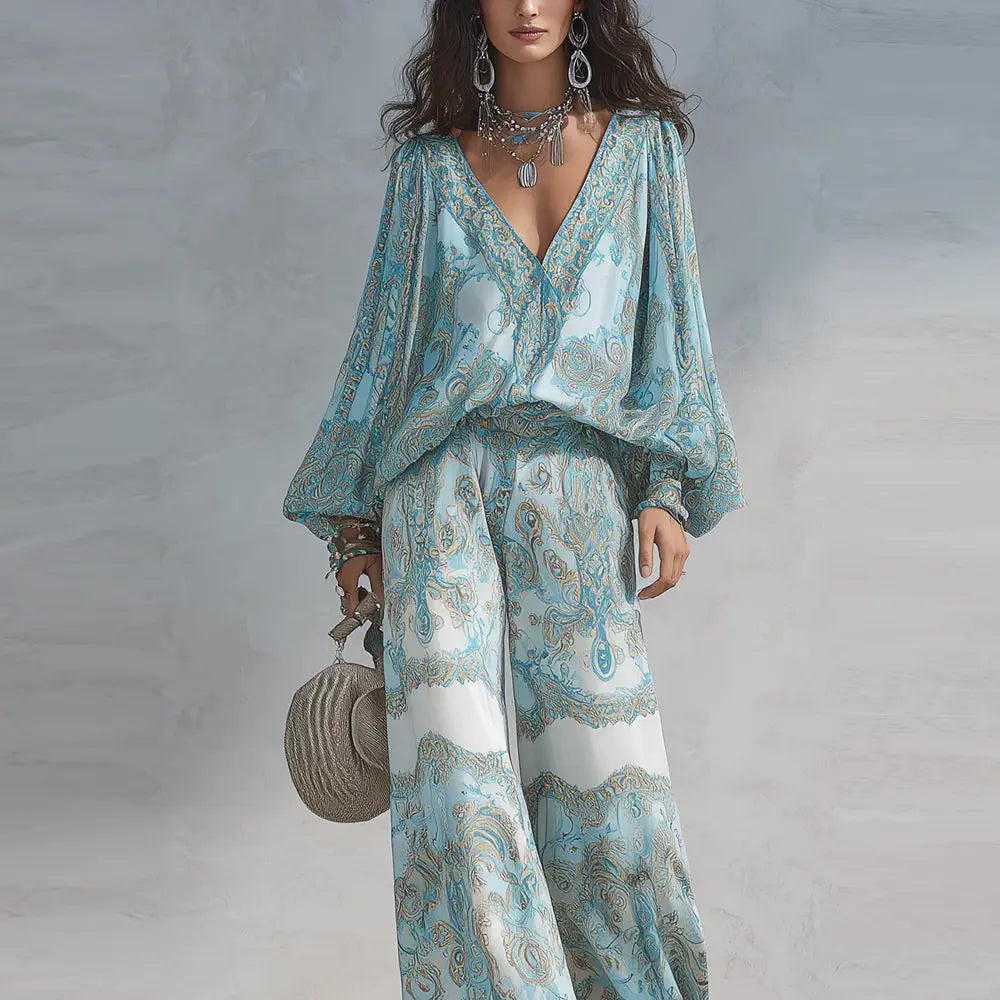 Women's Boho Paisley Print Two-Piece Set Sexy Deep V-Neck Long Sleeve Blouse Top Wide Leg Pants Casual Loose Suit for Vacation