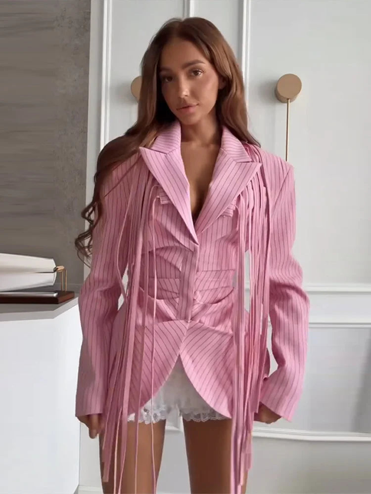Chic Women Striped Shirt Lace Up Lapel Ruffles Long Seeve Covered Buttons Female Blouse Fashion Solid Office Outwear 2026 Spring