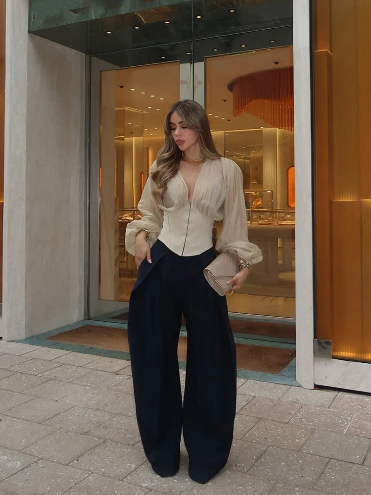 Puff Sleeve Women's Top Deep V Neck Patchwork Cropped Corset Blouse Ruched Shoulder Front Zipper Slim Waist Urban Daily Blouse