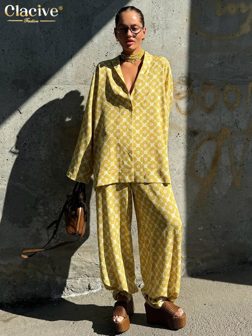 Clacive Fashion Loose Print Women's Two Pieces Set Elegant Long Sleeve Blouse With High Waist Wide Pants Set Female Streetwear