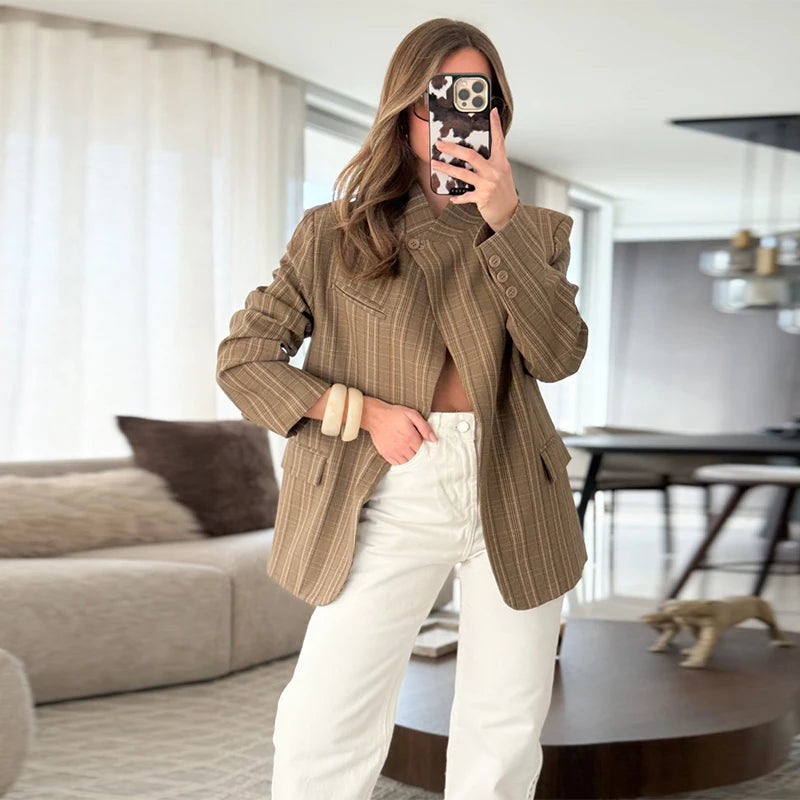 Casual Striped Blazer Women Standneck Shoulder Pad Long Sleeves One Button Pockets Coats Female 2026 Spring New Chic Outwears