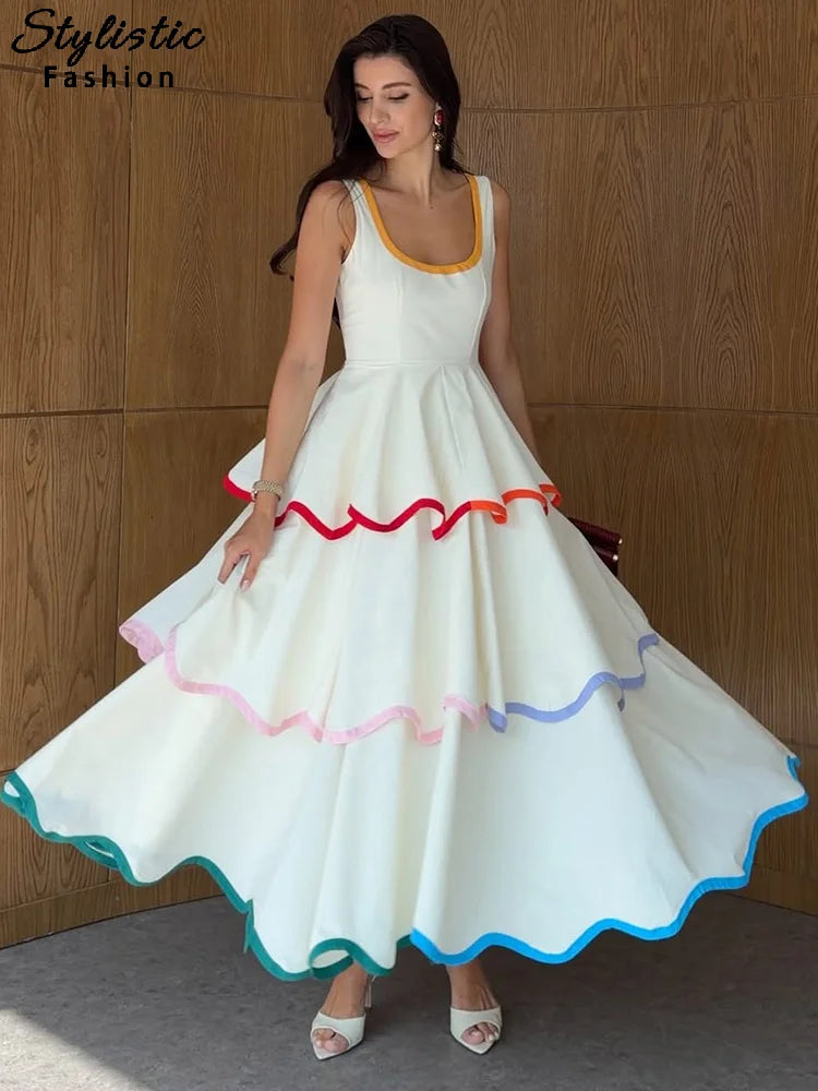Fashion Contrast Ruffle Maxi Dress Women Sexy U Neck Sleeveless High Waist Loose Long Dresses 2026 Spring Summer Lady Boho Robe
