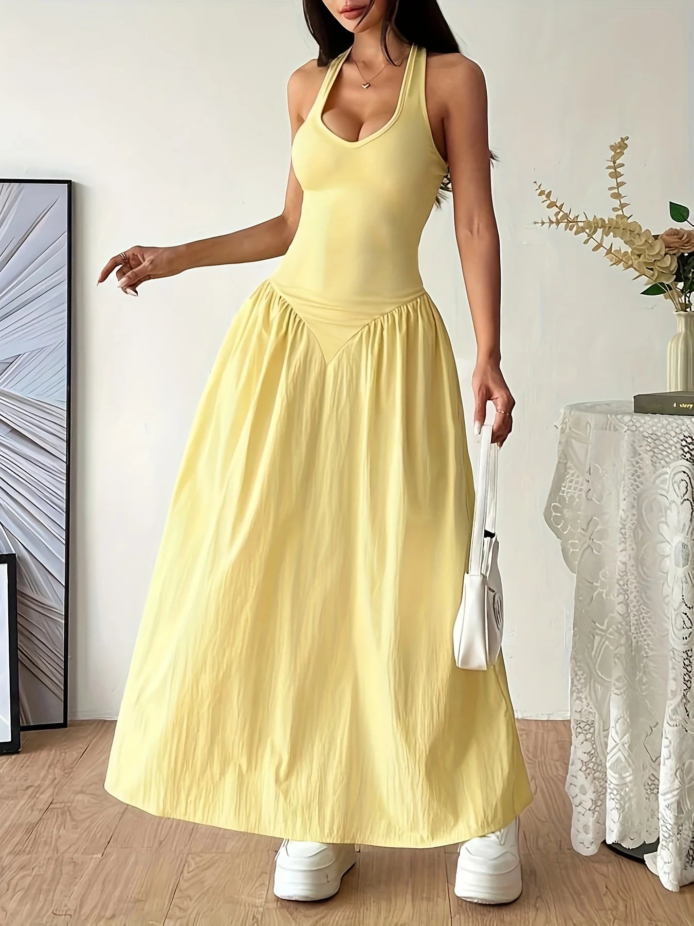 2026Women Yellow Halter Neck Maxi Dress Sleeveless V-Neck Backless A-Line Long Dress Casual Summer Elegant Beach Party Dresses