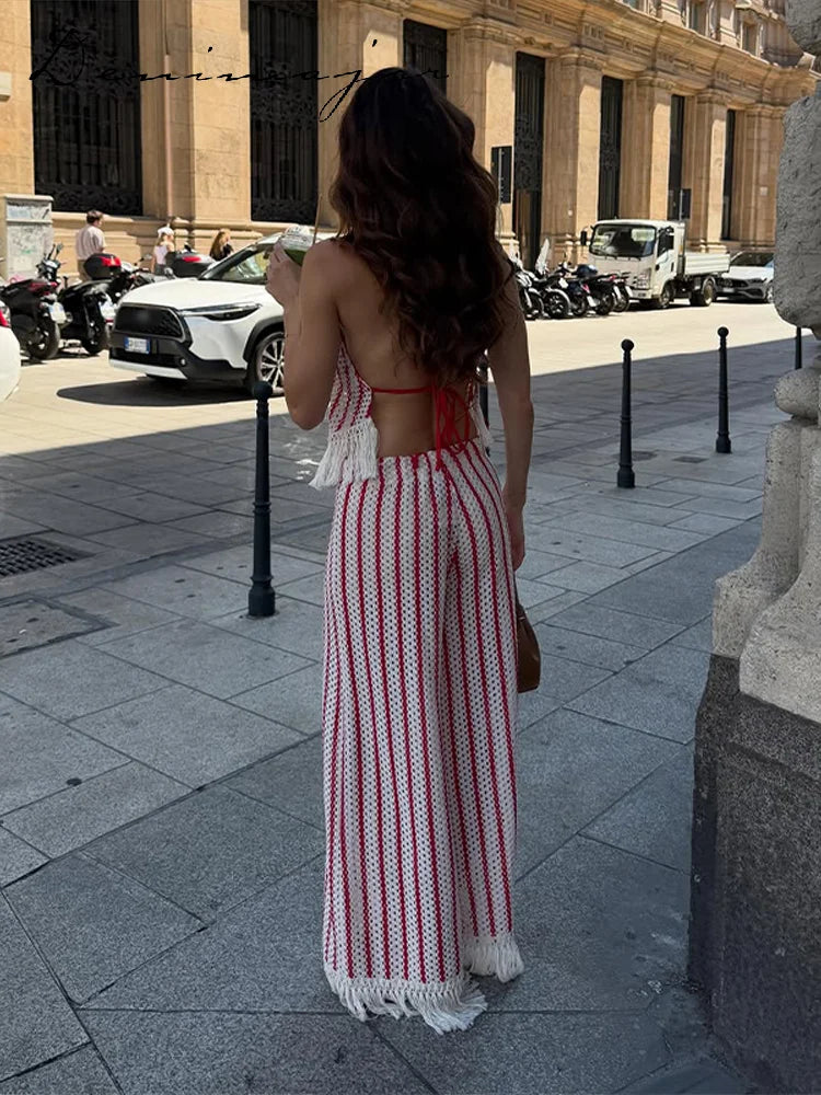 Casual Knit Striped Fringe Two-Piece Set Women Halter Hollow Out Backless Lace Up Top Wide Leg Pants 2026 New Lady Vacation Wear
