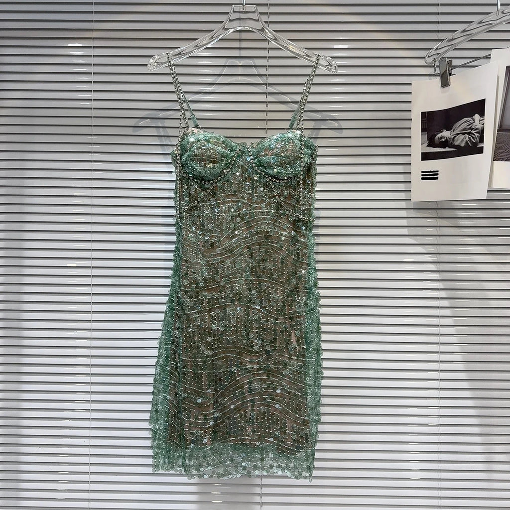 DEAT Heavy Industry Diamond Chain Pearl Suspender Dresses Women For Women 2024 Summer New Party Strap Dress Female 29L7707