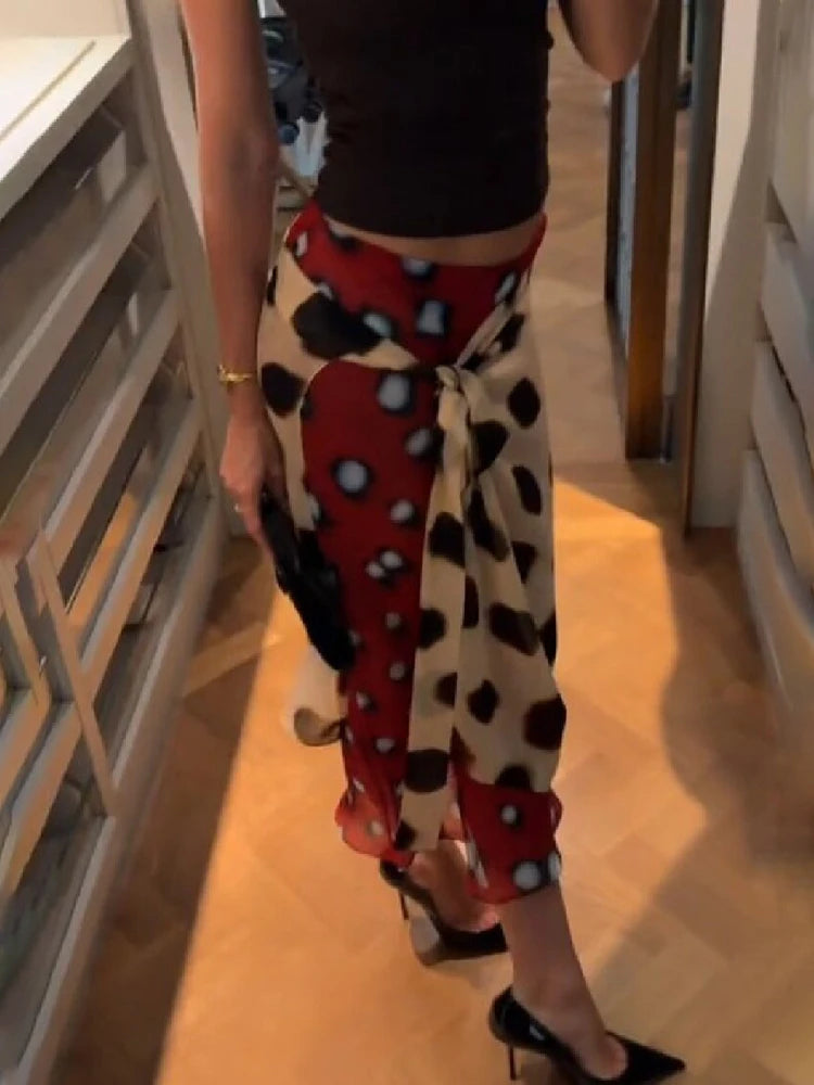 Two Tone Polka Dot Chiffon Wrap Skirt Women Tie Waist Asymmetric Hem Layered Midi Skirt For Summer Beach Vacation Casual Wear