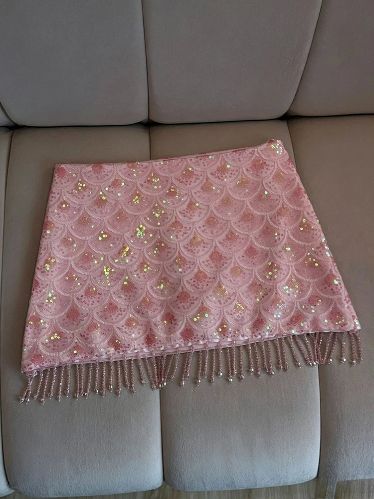 Mermaid Scale Sequin Fringed Mini Bottom High Waist Straight Cut 2026 Spring Summer Festival Beach  Lady Sparkly Mermaid Skirts