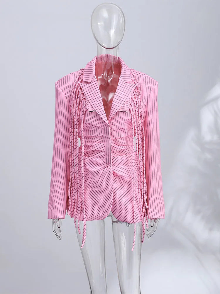 Chic Women Striped Shirt Lace Up Lapel Ruffles Long Seeve Covered Buttons Female Blouse Fashion Solid Office Outwear 2026 Spring