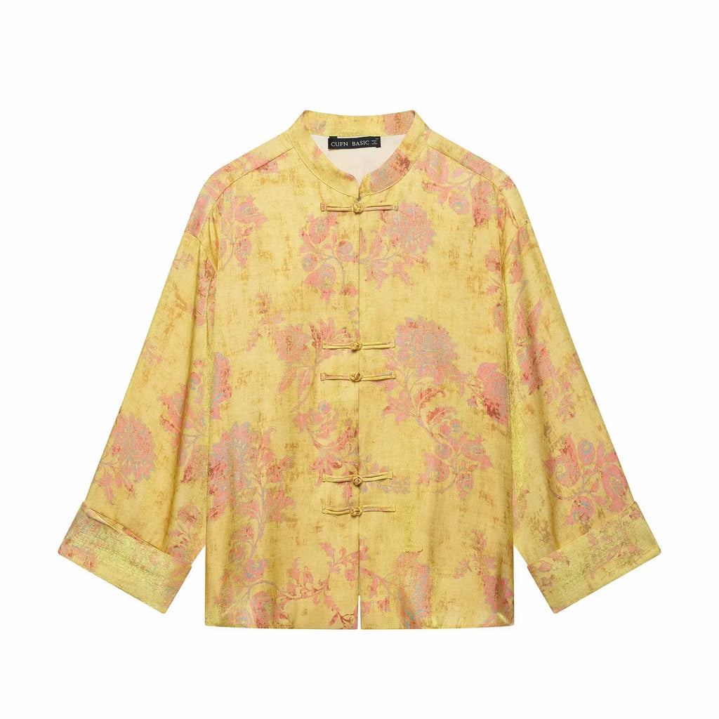 Women Yellow Floral Printing 2-Piece Set Women Stand Collar Long Sleeve Shirt + High Waist Wide Leg Pants Loose Lady Suit
