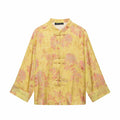 Women Yellow Floral Printing 2-Piece Set Women Stand Collar Long Sleeve Shirt + High Waist Wide Leg Pants Loose Lady Suit