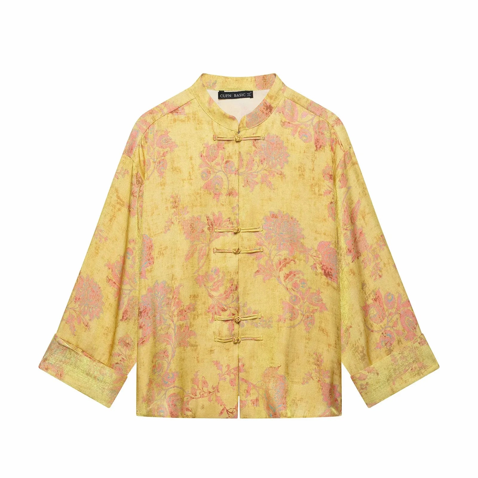 Women Yellow Floral Printing 2-Piece Set Women Stand Collar Long Sleeve Shirt + High Waist Wide Leg Pants Loose Lady Suit
