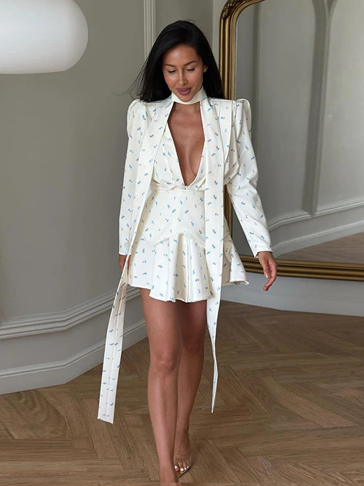 Elegant Printed Women's Dress Long Sleeve V-Neck Lady Mini Dresses With Waist-Tape 2026 Summer Chic Female Vacation Holiday Robe