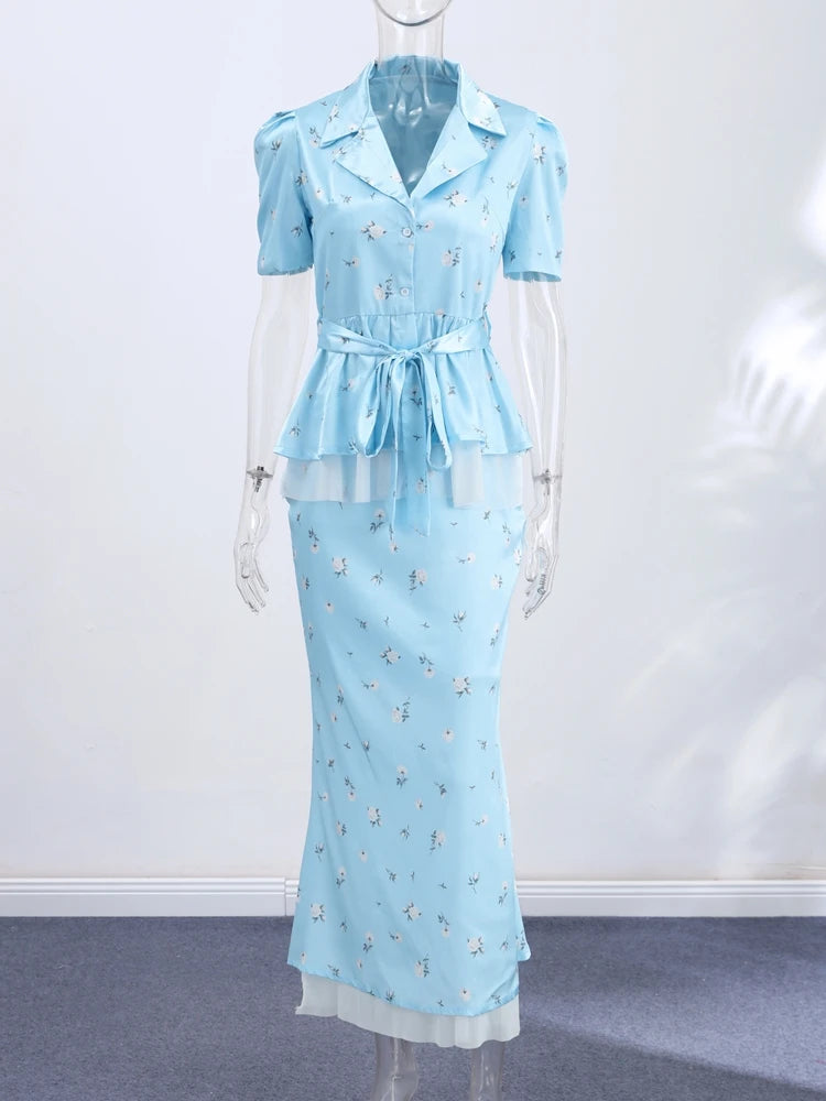 Floral Print V-Neck Peplum Top Dress Set Waist Tie Short Sleeve 2026 Summer Chic Women Co-ord Set Classy Parisian Lady Vestido