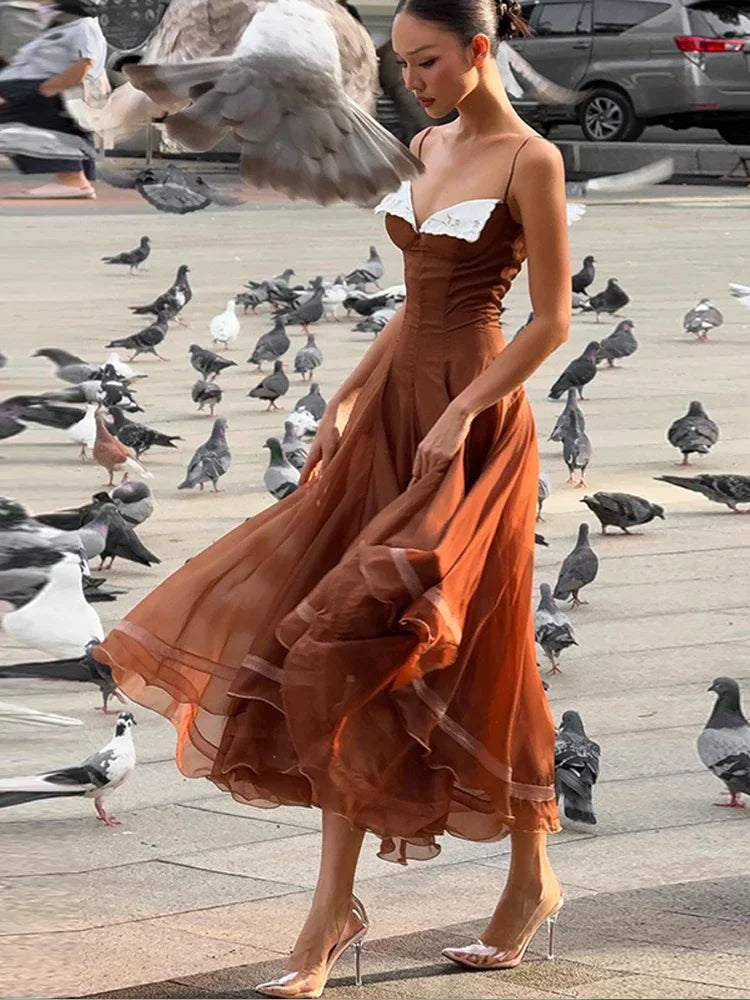 Chic Chiffon Women's Dress Sleeveless Spaghetti Strap Ruffle Hem A-line Gown Female 2026 Elegant Summer Lady Vacation Party Robe