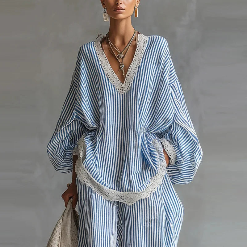 Boho Striped Two Piece Set for Women Sexy V-Neck Lace Trim Puff Sleeve Top & Casual Loose Lantern Pant Spring Matching Set