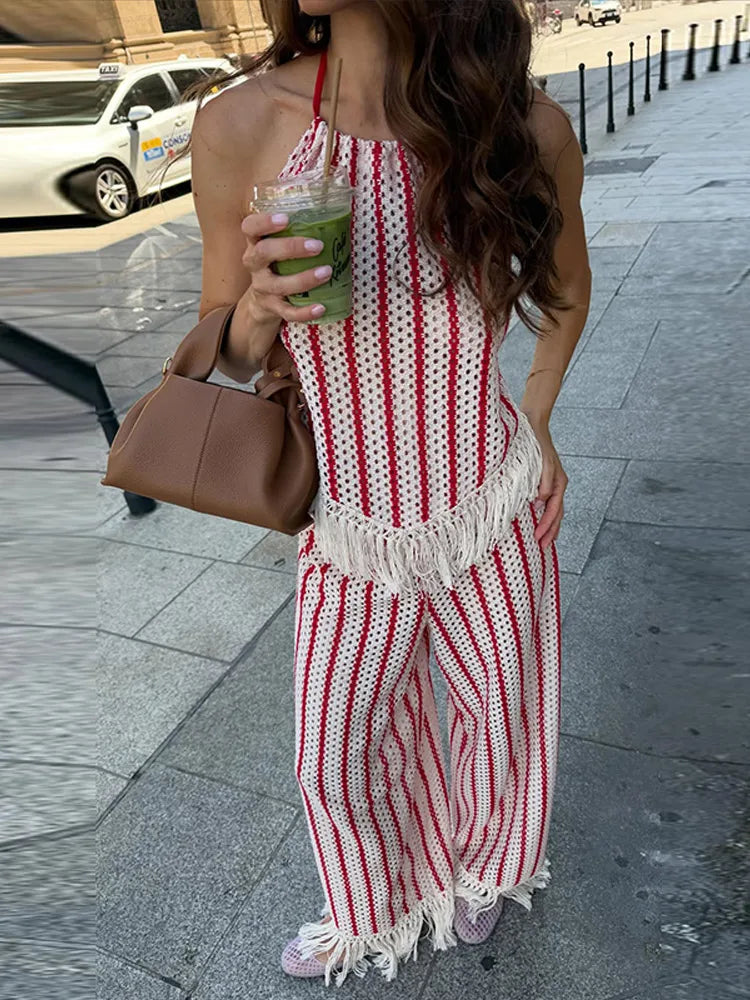 Color Contrast Stripes Knit Tassel Set Hollow Cutout Halter Neck Tie Cami Top Wide Leg Pants Women Fashion 2026 Autumn Outfits