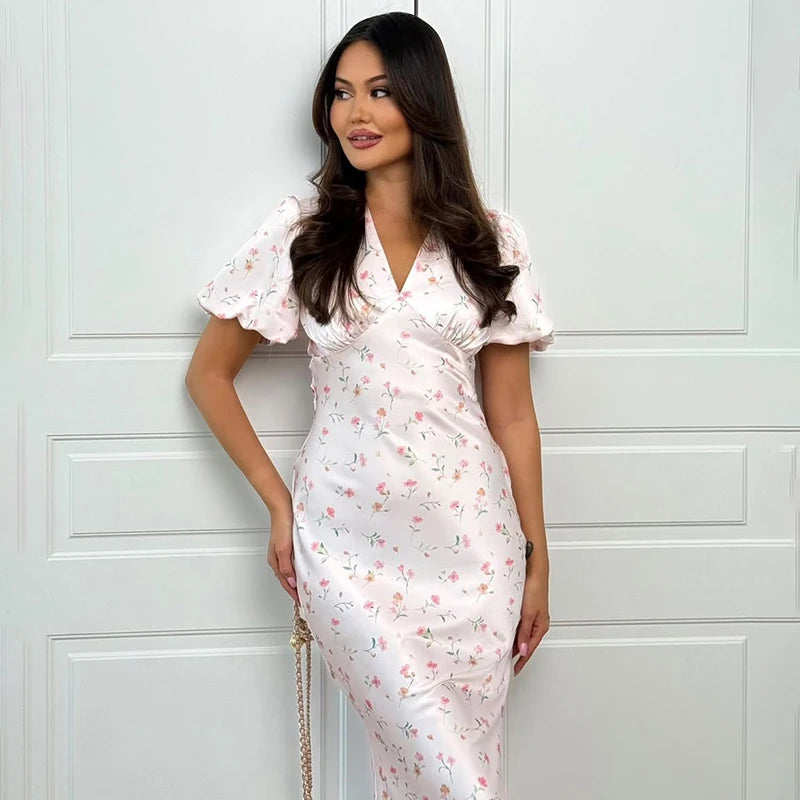 Printed Floral Print Elegant Long Dress For Women Short Sleeve V Neck Fashion Slim Dress Satin Commuting Banquet Female Dress
