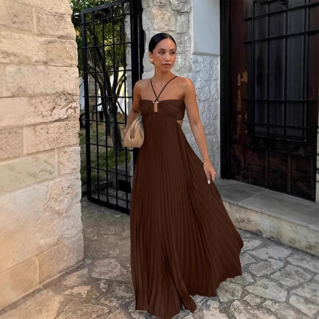 Summer 2025 Elegant Pure Color Strapless Pleated Midi Dress V-neck High-waisted Sleeveless Polyester Long Dress
