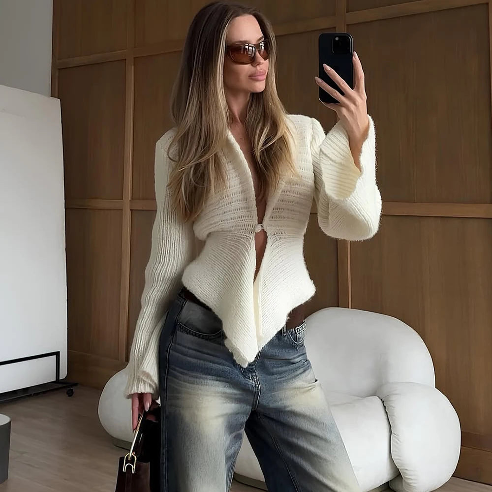 Tuularose Autumn Knit Cardigan Women's New Vintage Hollow Out Long-Sleeved Sweater 2025 Casual Streetwear White Knit Top Female