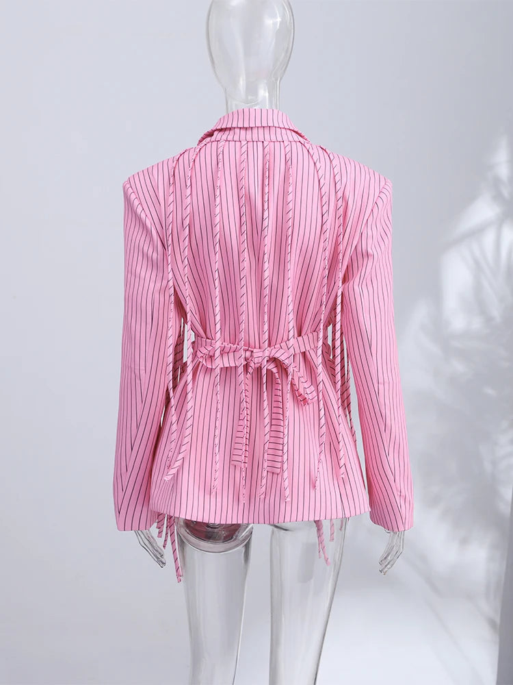 Chic Women Striped Shirt Lace Up Lapel Ruffles Long Seeve Covered Buttons Female Blouse Fashion Solid Office Outwear 2026 Spring
