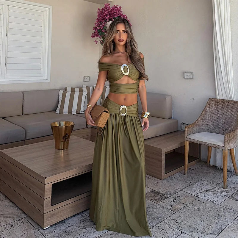 Sexy Olive Green Maxi Skirt Two Piece Set Women Y2k Pleated Off Shoulder Crop Top High Waist Metal Buckle Beach Vacation Outfits