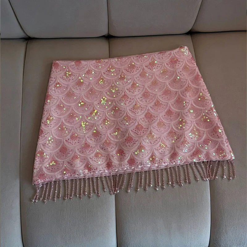 Mermaid Scale Sequin Fringed Mini Bottom High Waist Straight Cut 2026 Spring Summer Festival Beach  Lady Sparkly Mermaid Skirts
