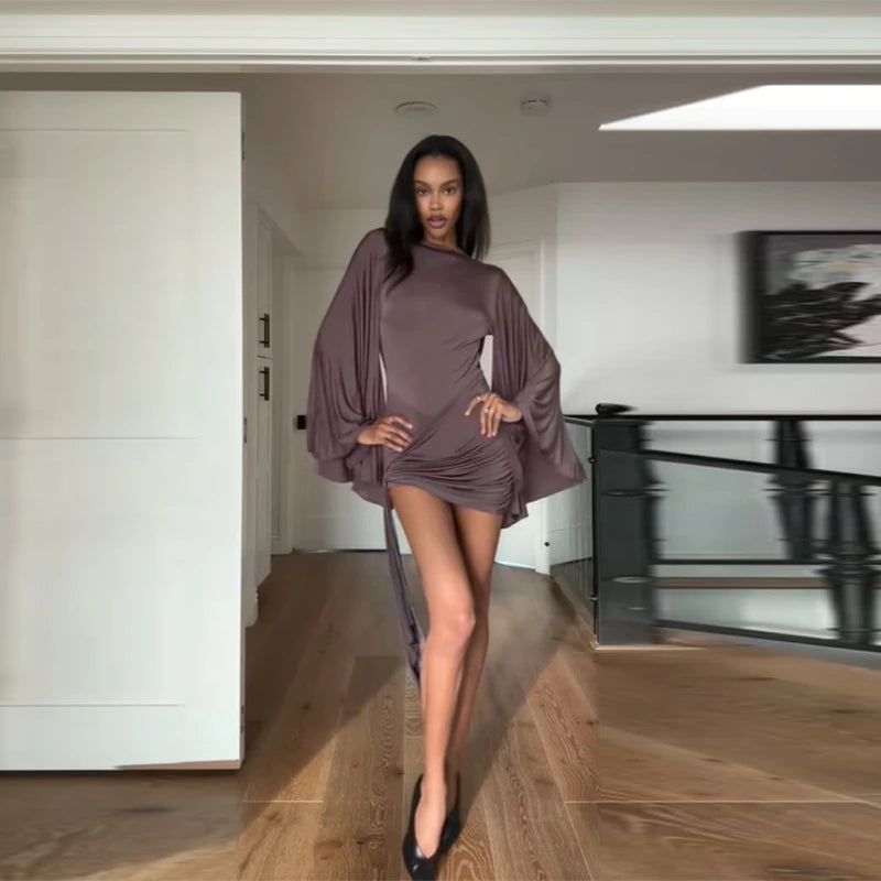 Draped Elegant Romper Batwing Sleeve Ruched Waist Tie Women Dresses Parties Date Nights Stylish Modest Female Evening Wear