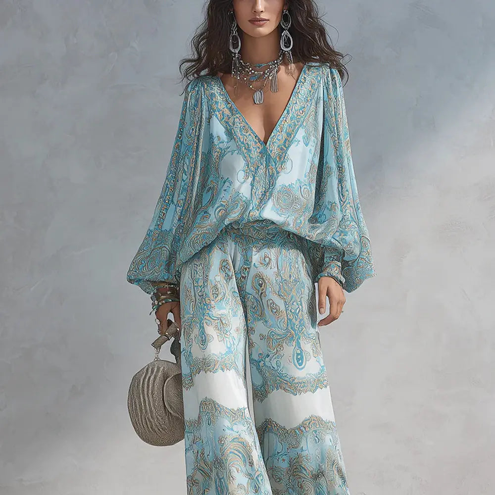 Women's Boho Paisley Print Two-Piece Set Sexy Deep V-Neck Long Sleeve Blouse Top Wide Leg Pants Casual Loose Suit for Vacation