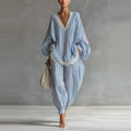 Boho Striped Two Piece Set for Women Sexy V-Neck Lace Trim Puff Sleeve Top & Casual Loose Lantern Pant Spring Matching Set