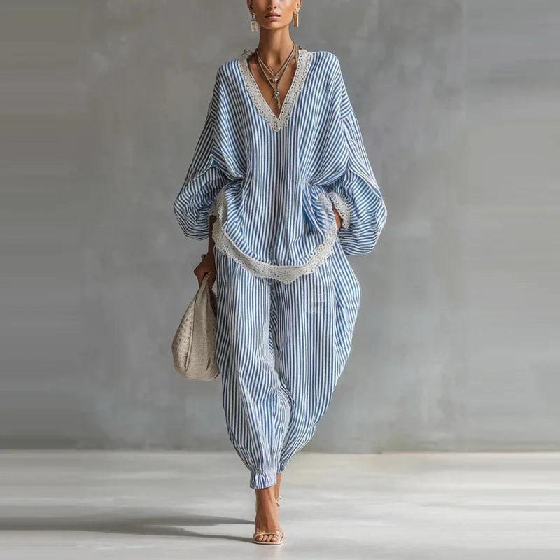 Boho Striped Two Piece Set for Women Sexy V-Neck Lace Trim Puff Sleeve Top & Casual Loose Lantern Pant Spring Matching Set