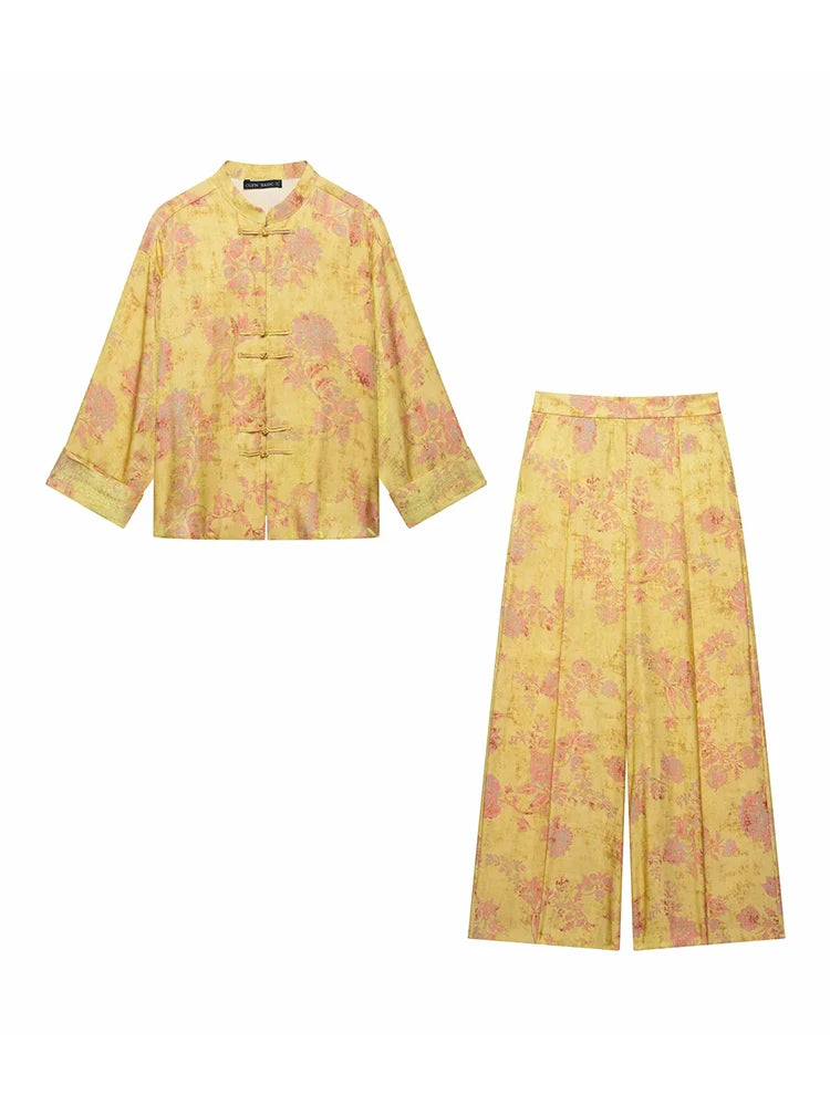Women Yellow Floral Printing 2-Piece Set Women Stand Collar Long Sleeve Shirt + High Waist Wide Leg Pants Loose Lady Suit