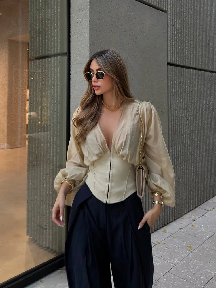 Puff Sleeve Women's Top Deep V Neck Patchwork Cropped Corset Blouse Ruched Shoulder Front Zipper Slim Waist Urban Daily Blouse