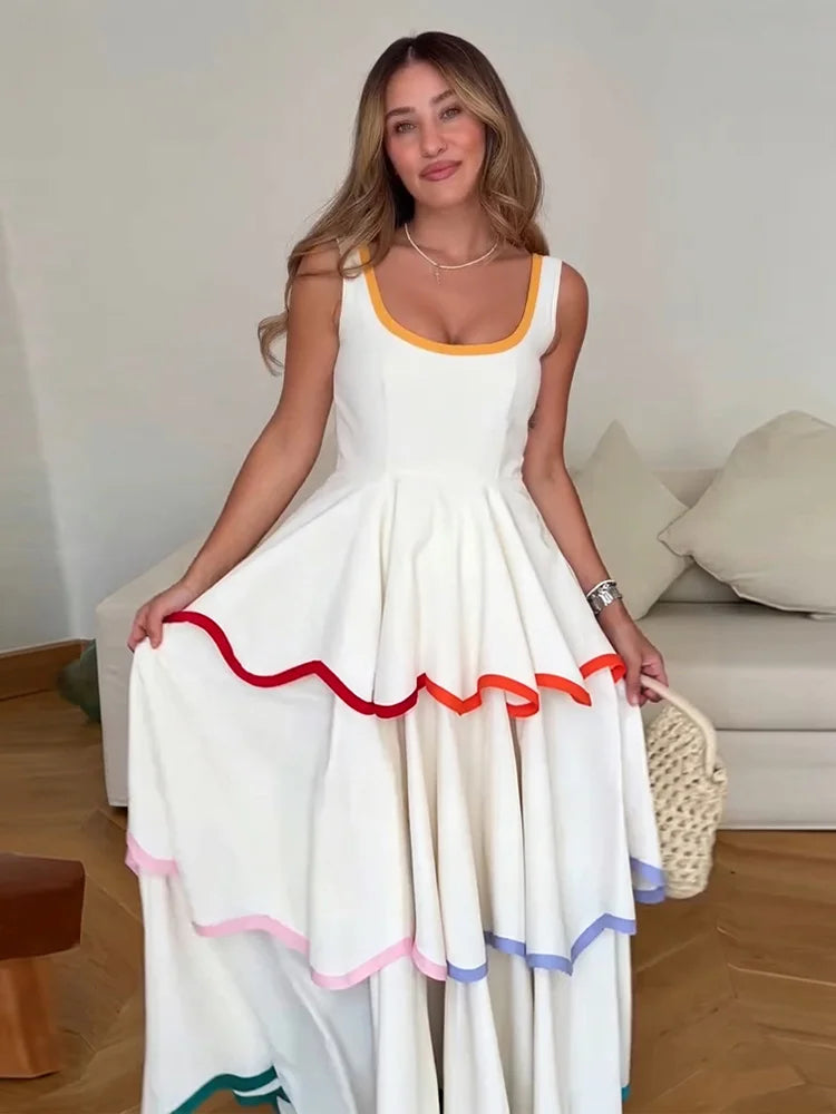 Fashion Contrast Ruffle Maxi Dress Women Sexy U Neck Sleeveless High Waist Loose Long Dresses 2026 Spring Summer Lady Boho Robe