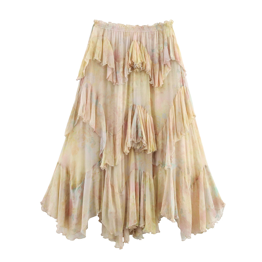 KONDALA Women Elegant Hippie Skirt Gradient Print Tiered Ruffled Long Skirts 2026 Summer Holiday High Street Boho Lady Skirts