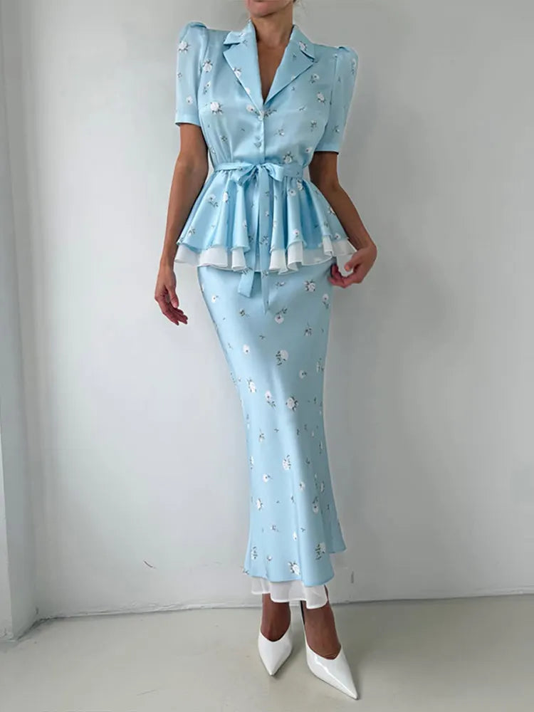 Floral Print V-Neck Peplum Top Dress Set Waist Tie Short Sleeve 2026 Summer Chic Women Co-ord Set Classy Parisian Lady Vestido