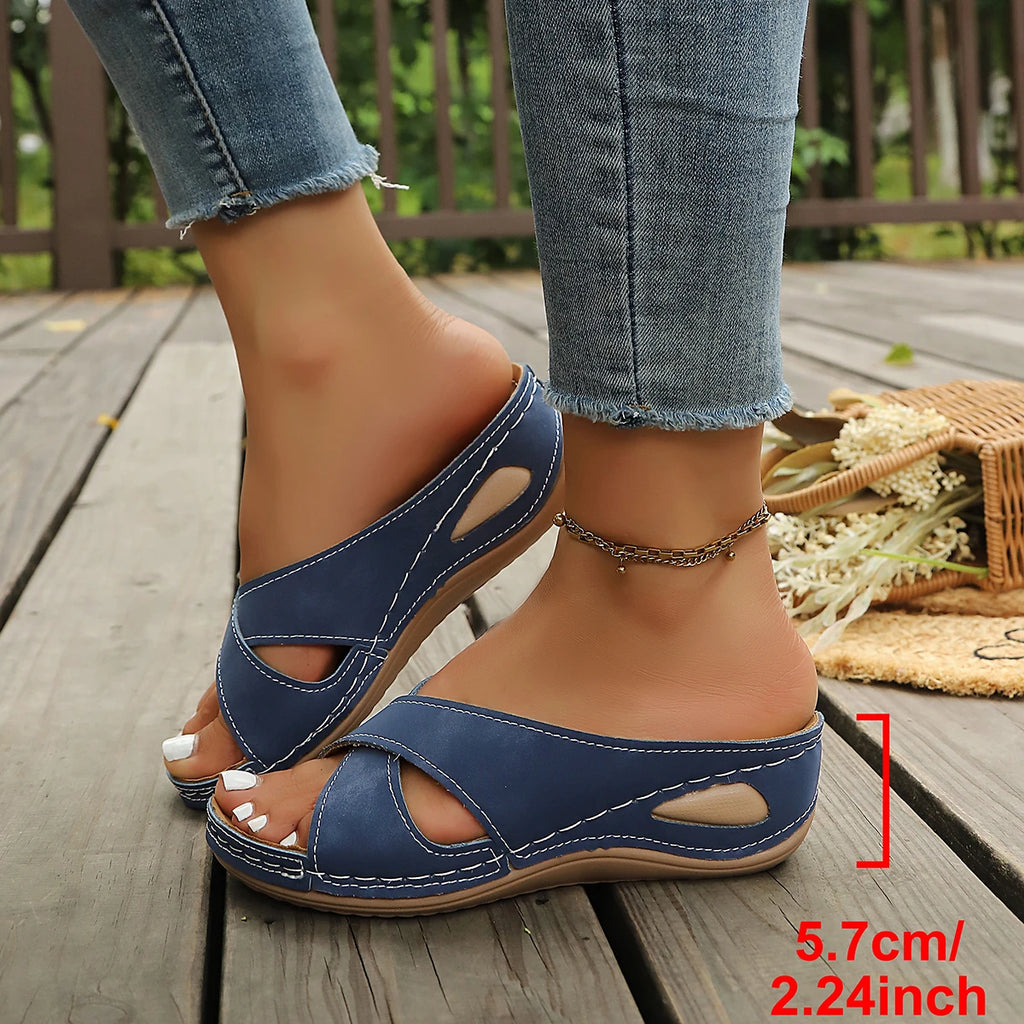 Women Wedge Slippers Vintage Anti-Slip Leather Slippers Premium Orthopedic Sandals Casual Platform Retro Shoes Flat Slides Women