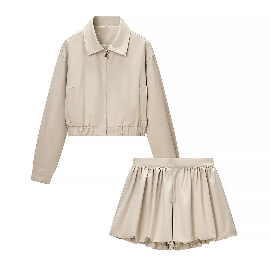 Women Fashion Casual Shorts Sets Female Zipper Jacket Long Sleeve Lapel Short Coats And Lady Chic Streetwear Balloon Shorts