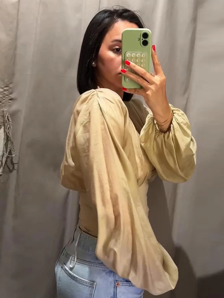 Puff Sleeve Women's Top Deep V Neck Patchwork Cropped Corset Blouse Ruched Shoulder Front Zipper Slim Waist Urban Daily Blouse