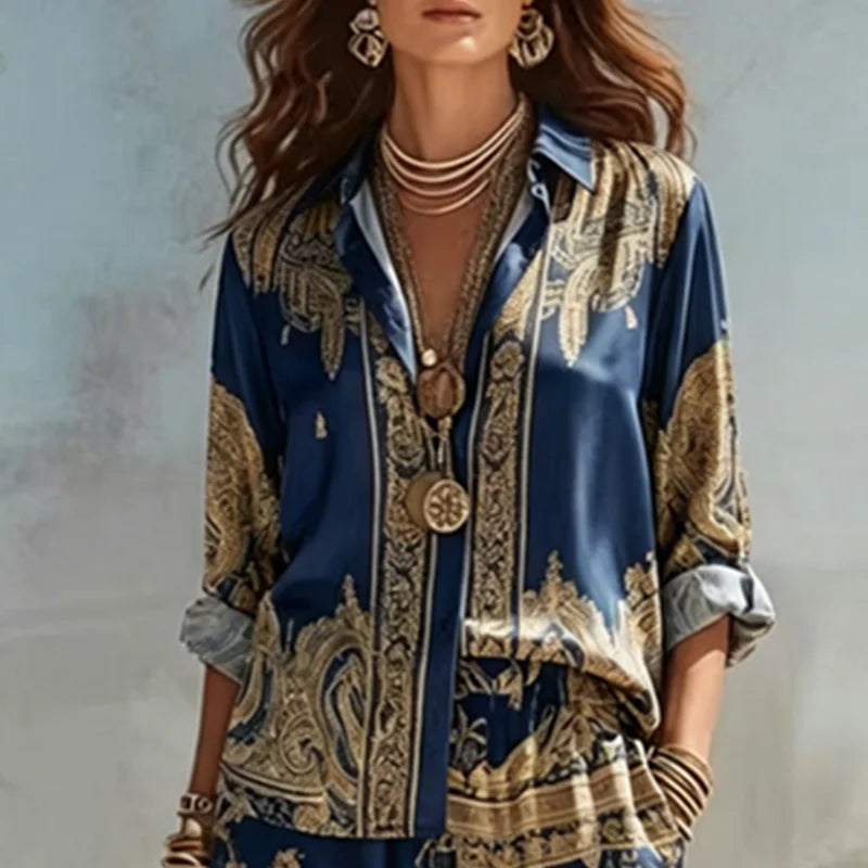 Bohemian Style Women's Pattern Print 2 Piece Set Long Sleeve Button Down Shirt and Wide Leg Pants Set New Casual Vacation Outfit