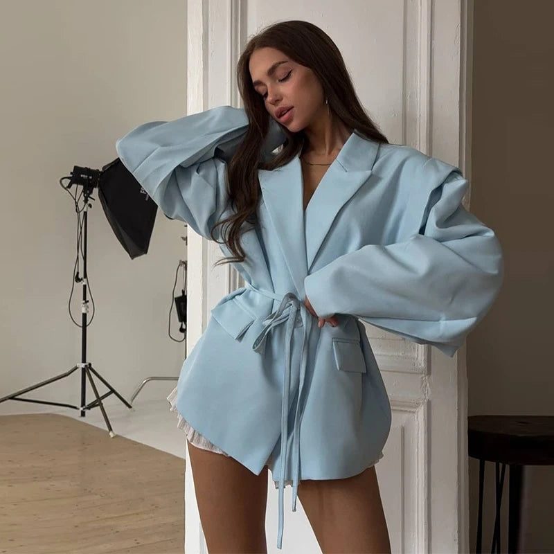Chic Oversize Floral Printed Women Jacket Padded Lapel Lace Up Loose Coat Long Sleeve High Waist Outwears 2025 Lady Streetwear