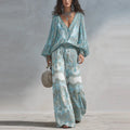 Women's Boho Paisley Print Two-Piece Set Sexy Deep V-Neck Long Sleeve Blouse Top Wide Leg Pants Casual Loose Suit for Vacation