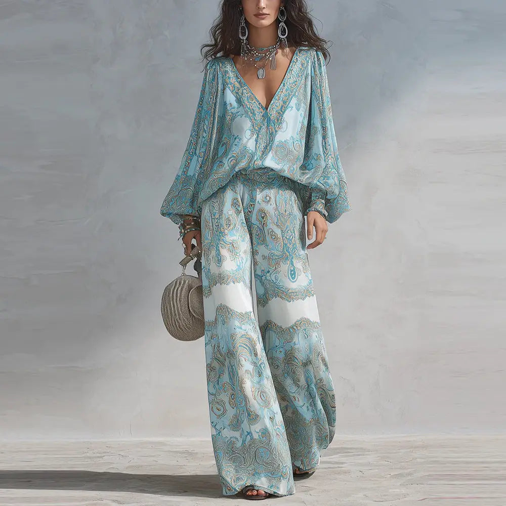 Women's Boho Paisley Print Two-Piece Set Sexy Deep V-Neck Long Sleeve Blouse Top Wide Leg Pants Casual Loose Suit for Vacation