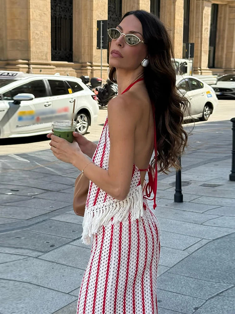 Color Contrast Stripes Knit Tassel Set Hollow Cutout Halter Neck Tie Cami Top Wide Leg Pants Women Fashion 2026 Autumn Outfits