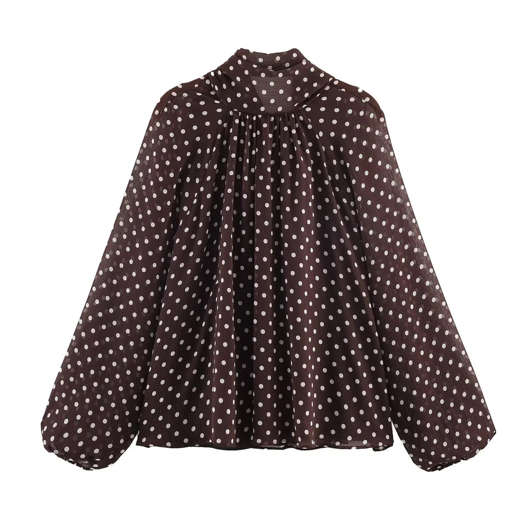 Women Polka Dot Print Blouse Casual High Collar Long Sleeve Lady Top Simple Women's Blouse Female Shirts & Blouses