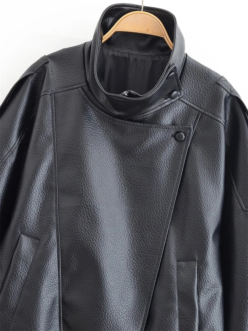 Women's Jacket 2026 Autunm  New Black Long Sleeve Pebble Faux Leather Jacket Motorcycle Style Personality Fashion
